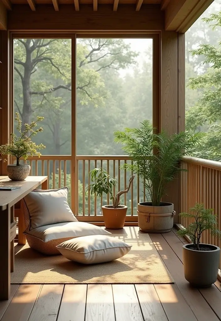 25 Balcony Office Ideas Perfect for Working with a View 10 25 Balcony Office Ideas Perfect for Working with a View - 10. Zen Space with Meditation Area