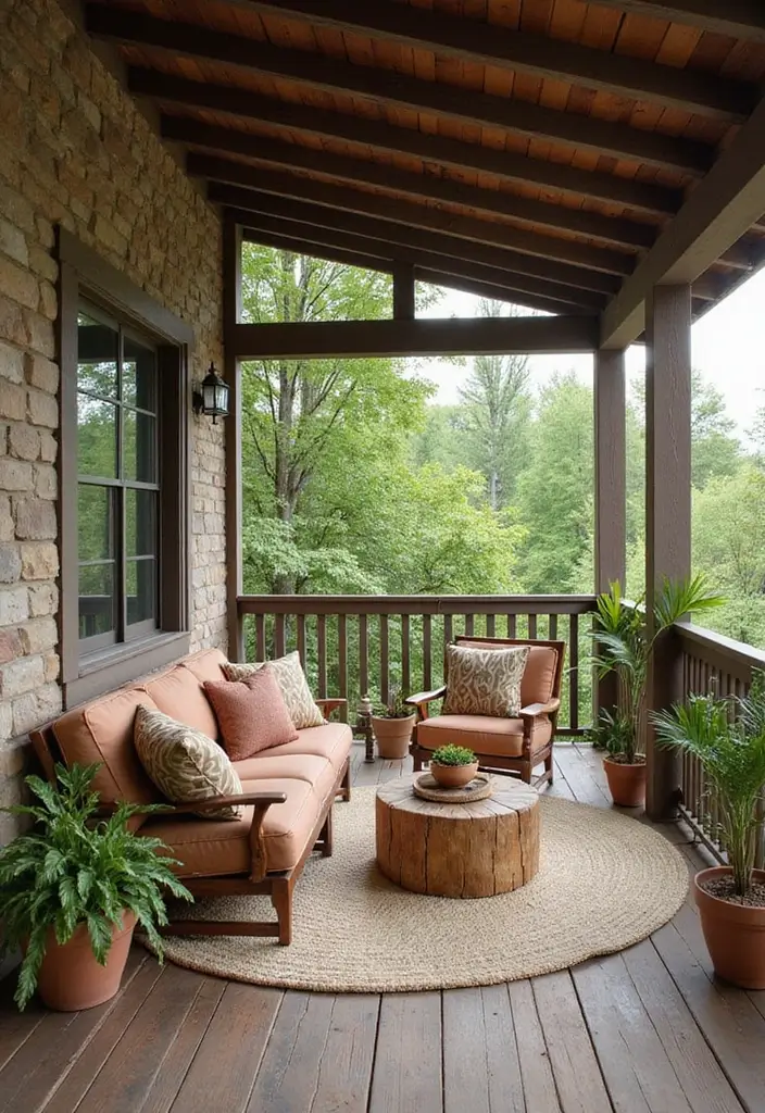 25 Covered Balcony Designs That Add Function and Style - 17. Nature-Inspired Retreat