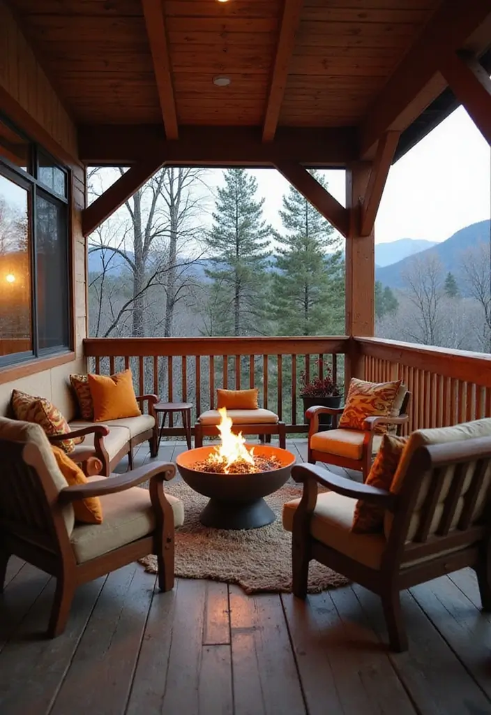 25 Covered Balcony Designs That Add Function and Style - 25. Cozy Fireside Retreat