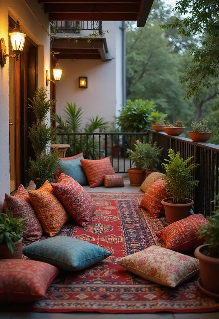 25 Indian Balcony Decor Ideas That Blend Tradition and Style 10 25 Indian Balcony Decor Ideas That Blend Tradition and Style - 10. Ethnic Throw Pillows for Comfort