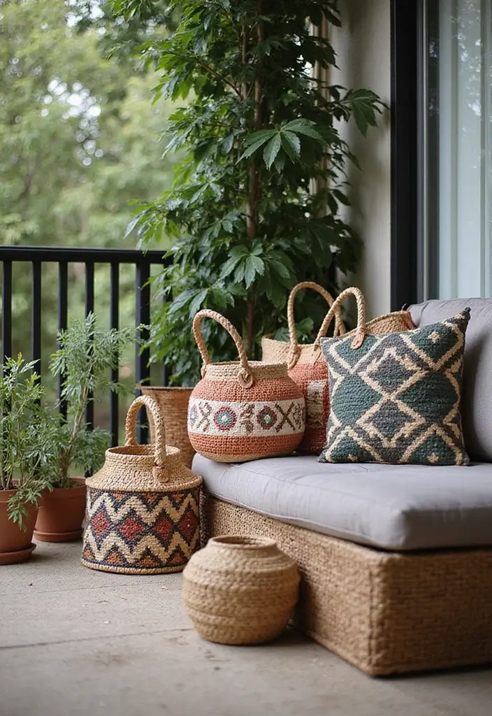 25 Indian Balcony Decor Ideas That Blend Tradition and Style 16 25 Indian Balcony Decor Ideas That Blend Tradition and Style - 16. Woven Baskets as Storage and Decor