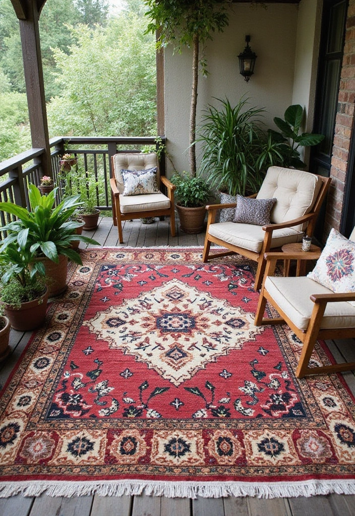 25 Indian Balcony Decor Ideas That Blend Tradition and Style 3 25 Indian Balcony Decor Ideas That Blend Tradition and Style - 3. Bohemian Rugs to Ground Your Space
