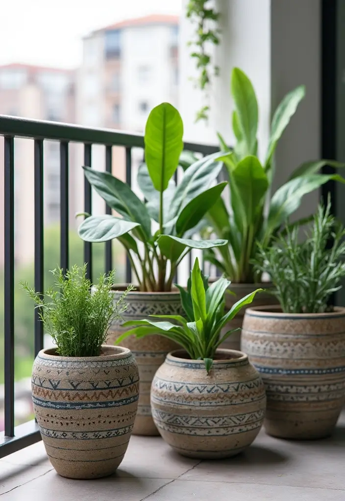 25 Indian Balcony Decor Ideas That Blend Tradition and Style 8 25 Indian Balcony Decor Ideas That Blend Tradition and Style - 8. Minimalist Planters with Ethnic Patterns