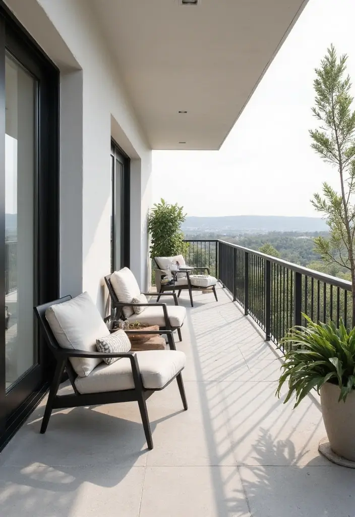 25 Long Narrow Balcony Inspirations That Maximize Every Inch 9 25 Long Narrow Balcony Inspirations That Maximize Every Inch - 9. Minimalist Elegance