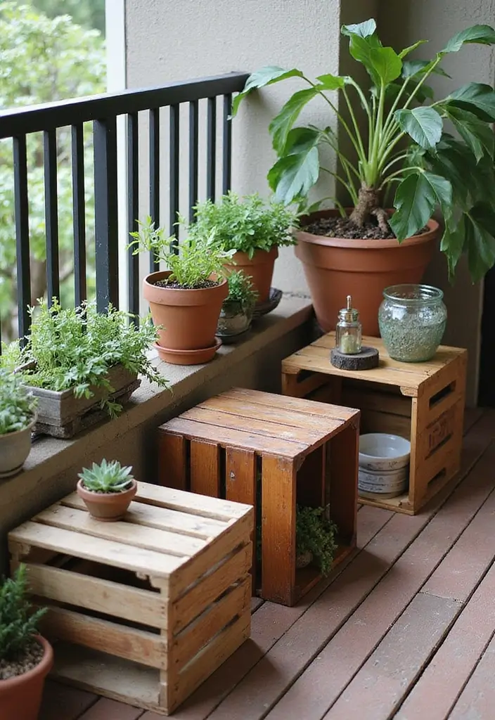 25 Wooden Balcony Inspirations Full of Warmth and Charm 3 25 Wooden Balcony Inspirations Full of Warmth and Charm - 3. Vintage Wooden Crates