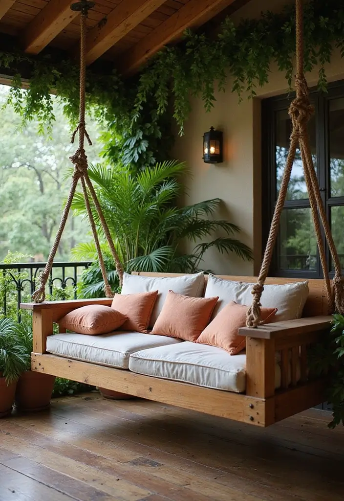 25 Wooden Balcony Inspirations Full of Warmth and Charm 4 25 Wooden Balcony Inspirations Full of Warmth and Charm - 4. Swinging Wooden Benches
