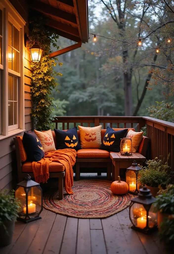 27 Apartment Balcony Halloween Decor Ideas That Feel Spooky and Fun 15 27 Apartment Balcony Halloween Decor Ideas That Feel Spooky and Fun - 15. Cozy Seating Areas