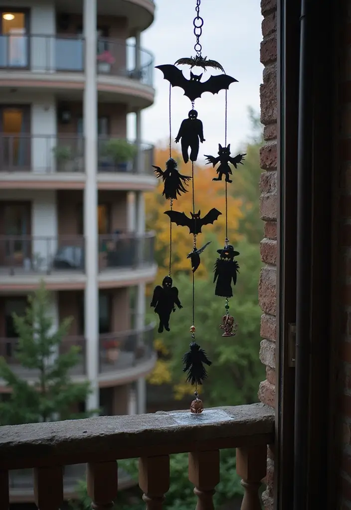 27 Apartment Balcony Halloween Decor Ideas That Feel Spooky and Fun 21 27 Apartment Balcony Halloween Decor Ideas That Feel Spooky and Fun - 21. Whimsical Wind Chimes
