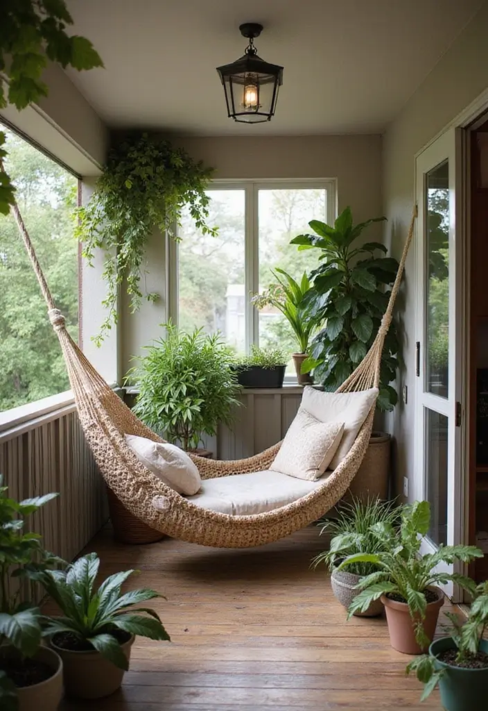 27 Cozy Balcony Ideas That Feel Like a Mini Retreat - 11. Relaxing Hammock Corner