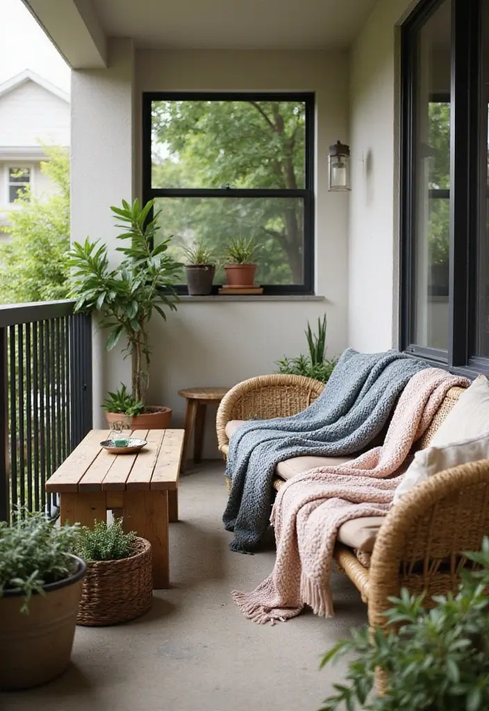 27 Cozy Balcony Ideas That Feel Like a Mini Retreat - 19. Throw Blankets for Chillier Nights