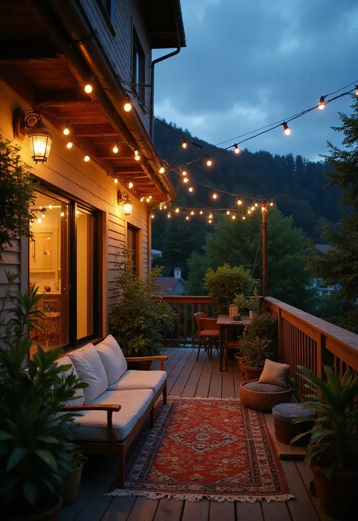 27 Cozy Balcony Ideas That Feel Like a Mini Retreat - 2. String Lighting Magic