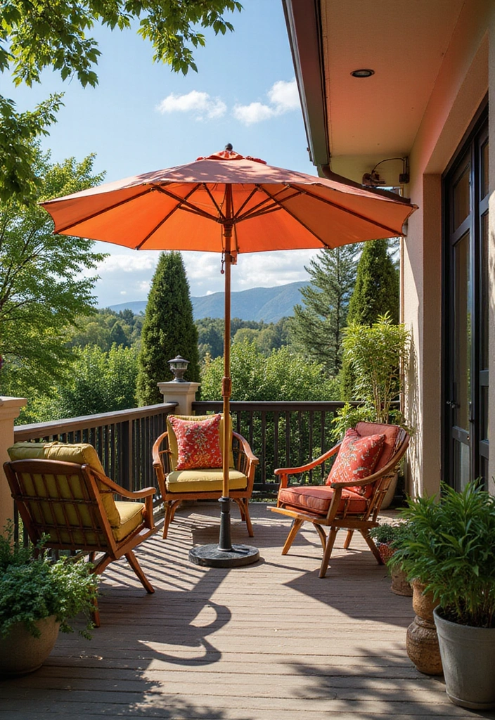 27 Cozy Balcony Ideas That Feel Like a Mini Retreat - 24. Colorful Umbrella for Shade