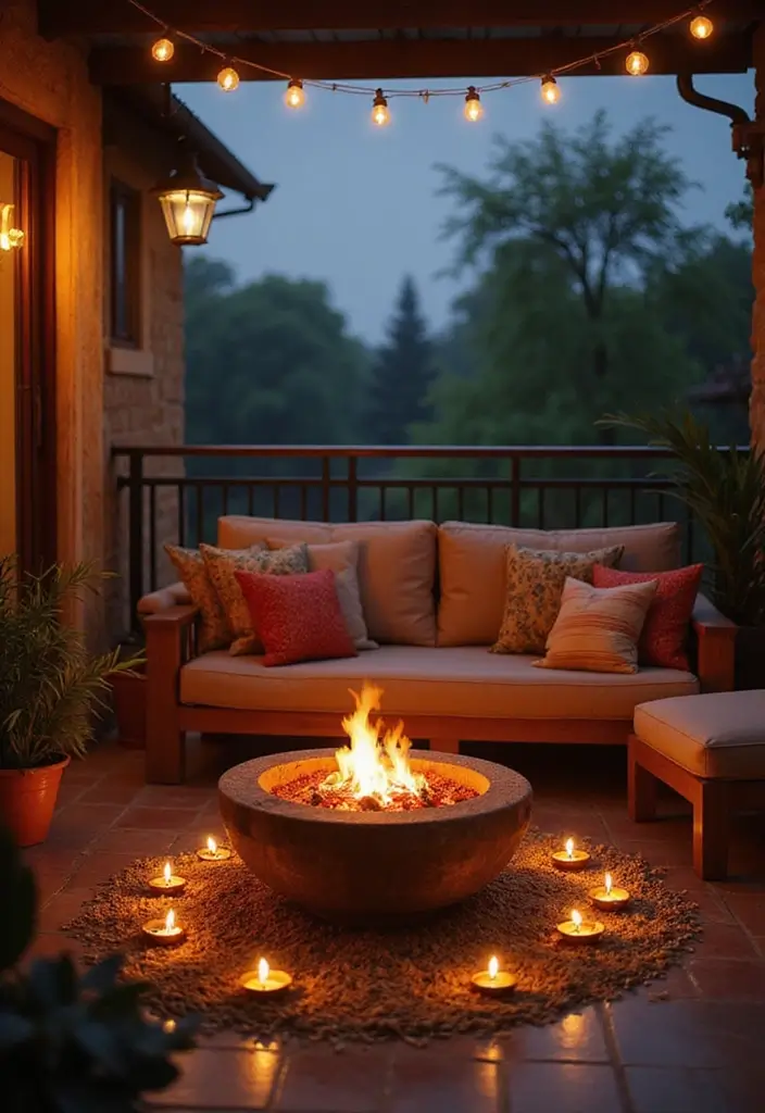 27 Diwali Lighting Ideas for Balcony That Feel Magical - 25. Cozy Fire Pit