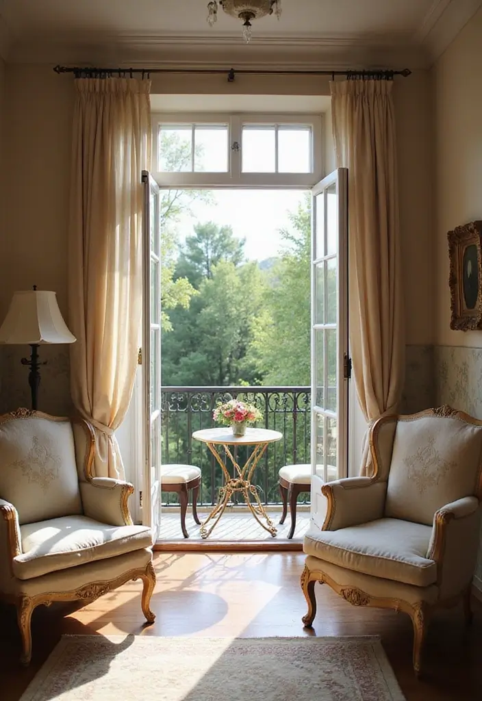 27 Living Room with Balcony Layouts That Feel Airy and Bright 10 27 Living Room with Balcony Layouts That Feel Airy and Bright - 10. Elegant French Balcony