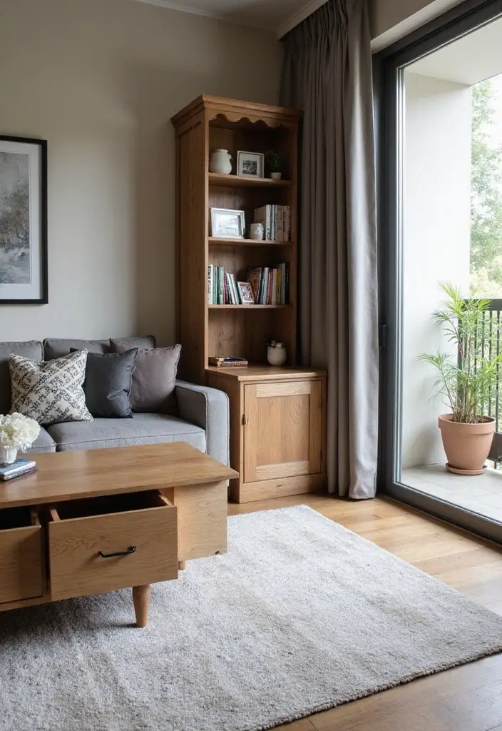 27 Living Room with Balcony Layouts That Feel Airy and Bright 13 27 Living Room with Balcony Layouts That Feel Airy and Bright - 13. Smart Storage Solutions