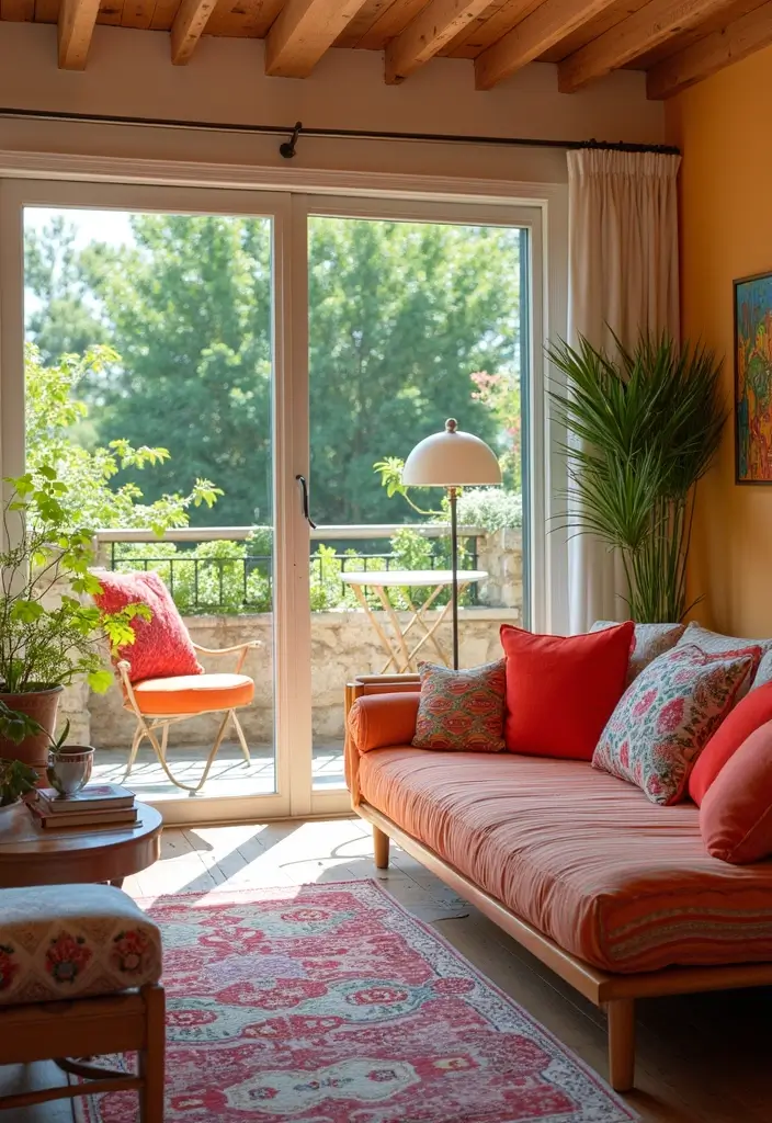 27 Living Room with Balcony Layouts That Feel Airy and Bright 16 27 Living Room with Balcony Layouts That Feel Airy and Bright - 16. Bright Accents
