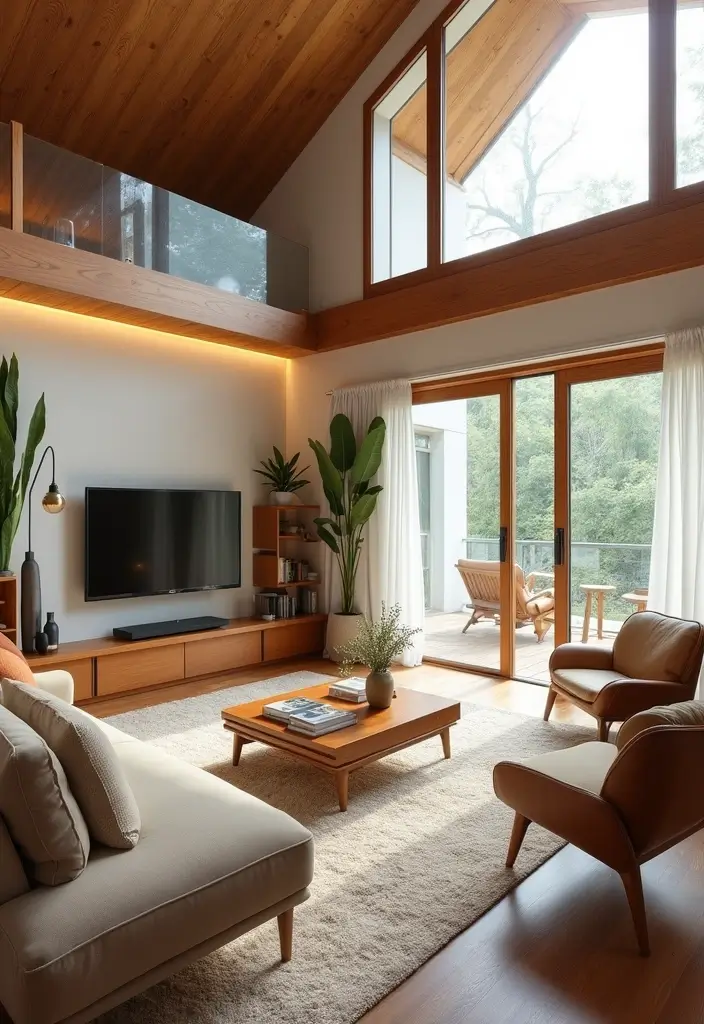 27 Living Room with Balcony Layouts That Feel Airy and Bright 19 27 Living Room with Balcony Layouts That Feel Airy and Bright - 19. Mid-Century Modern Vibes