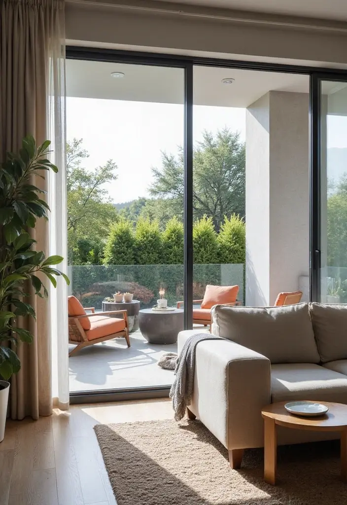 27 Living Room with Balcony Layouts That Feel Airy and Bright 21 27 Living Room with Balcony Layouts That Feel Airy and Bright - 21. Contemporary Comfort