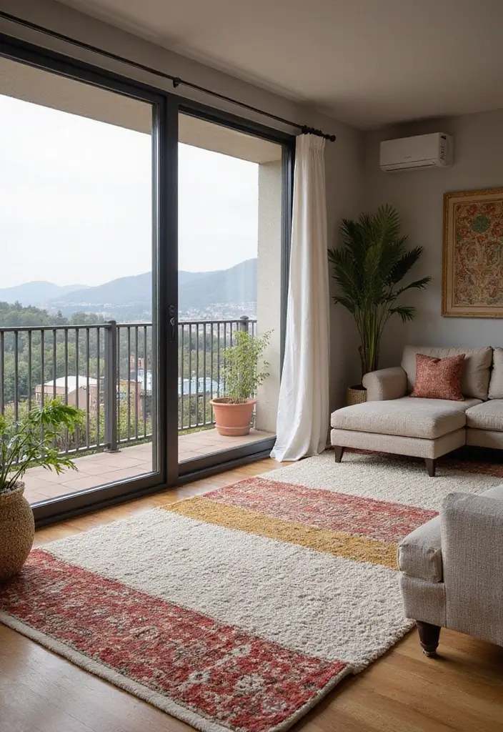 27 Living Room with Balcony Layouts That Feel Airy and Bright 22 27 Living Room with Balcony Layouts That Feel Airy and Bright - 22. Layered Rugs