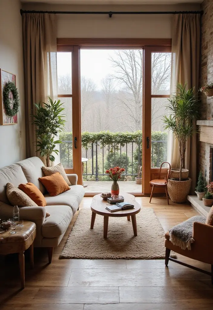 27 Living Room with Balcony Layouts That Feel Airy and Bright 27 27 Living Room with Balcony Layouts That Feel Airy and Bright - 27. Seasonal Decor