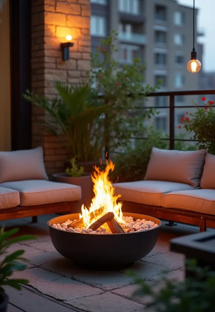 27 Small Balcony Ideas on a Budget That Look High-End - 19. Compact Fire Pit