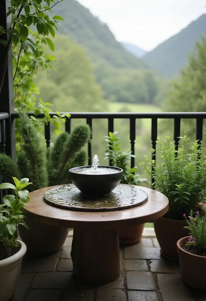 27 Small Balcony Ideas on a Budget That Look High-End - 9. Miniature Water Feature