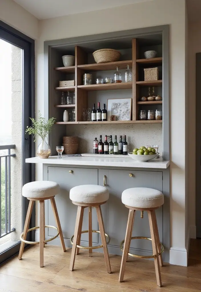 28 Balcony Bar Ideas Perfect for Relaxing Nights at Home 10 28 Balcony Bar Ideas Perfect for Relaxing Nights at Home - 10. Compact Bar with Storage