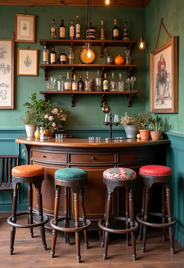 28 Balcony Bar Ideas Perfect for Relaxing Nights at Home 3 28 Balcony Bar Ideas Perfect for Relaxing Nights at Home - 3. Vintage-Inspired Corner Bar