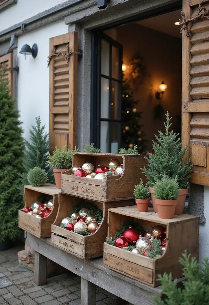 28 Balcony Christmas Decor Ideas That Spread Holiday Cheer - 18. Rustic Wooden Crates