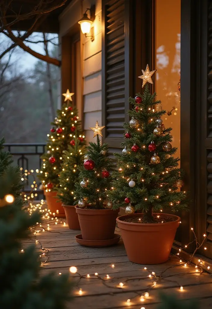 28 Balcony Christmas Decor Ideas That Spread Holiday Cheer - 2. Potted Christmas Trees