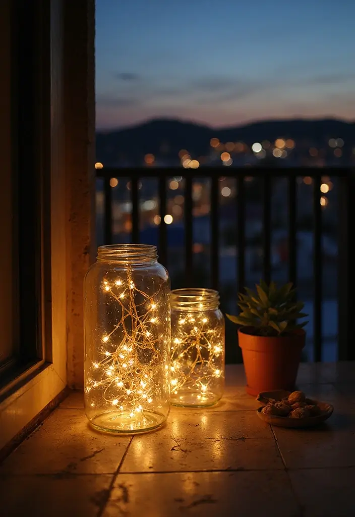 28 Balcony Christmas Decor Ideas That Spread Holiday Cheer - 23. Christmas Lights in Jars