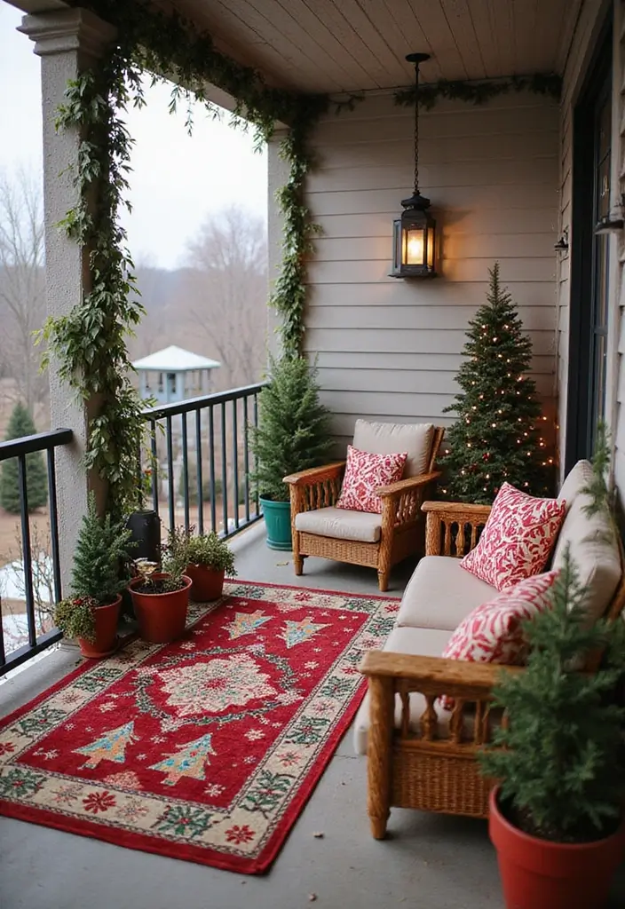 28 Balcony Christmas Decor Ideas That Spread Holiday Cheer - 27. Christmas-themed Rugs
