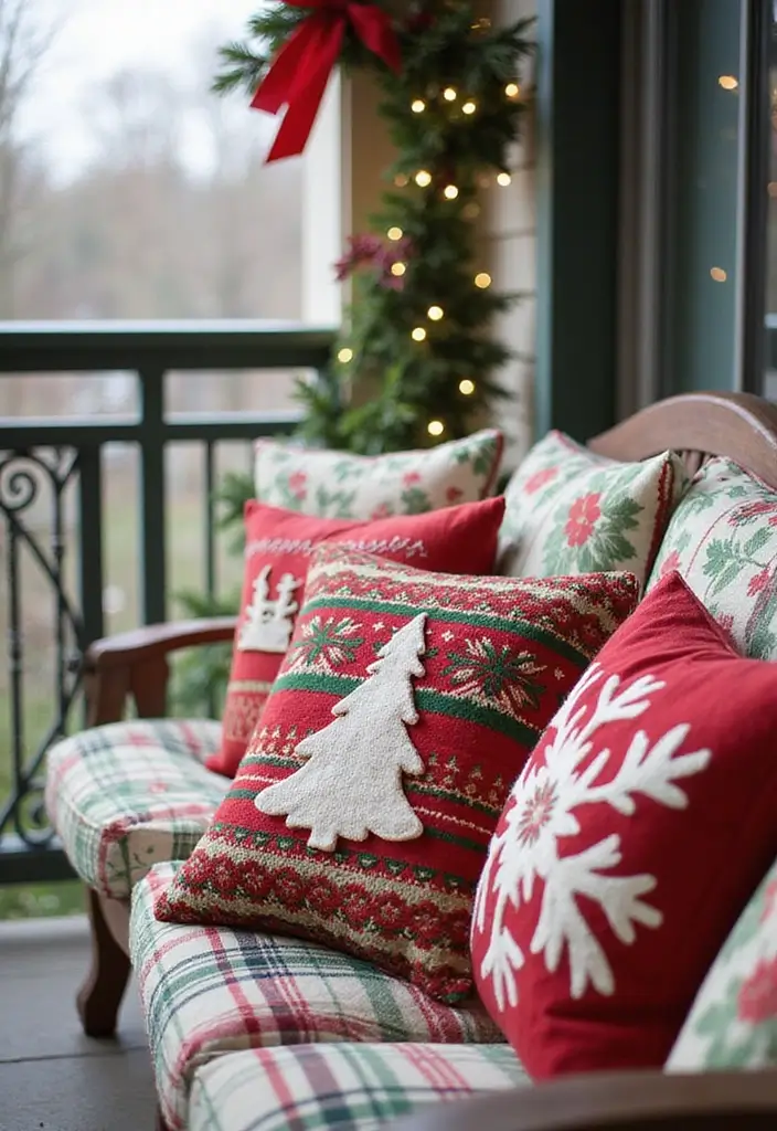 28 Balcony Christmas Decor Ideas That Spread Holiday Cheer - 3. Festive Throw Pillows