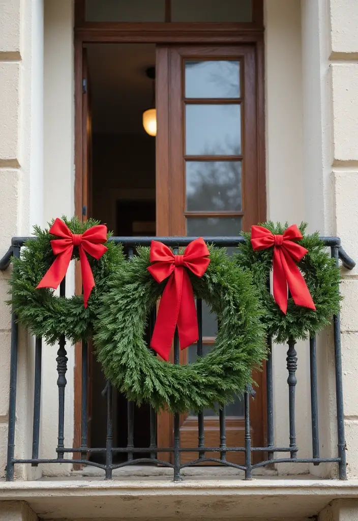 28 Balcony Christmas Decor Ideas That Spread Holiday Cheer - 5. Wreaths on the Railing