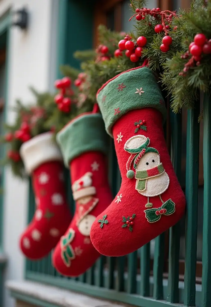 28 Balcony Christmas Decor Ideas That Spread Holiday Cheer - 6. Outdoor Christmas Stockings