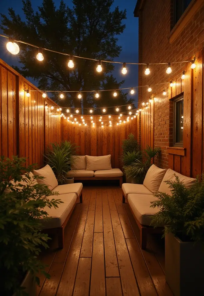 28 Balcony Divider Ideas That Add Privacy in Style - 11. Wooden Barriers with String Lights