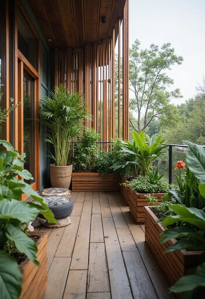 28 Balcony Divider Ideas That Add Privacy in Style - 13. Layered Wooden Dividers for Depth and Privacy