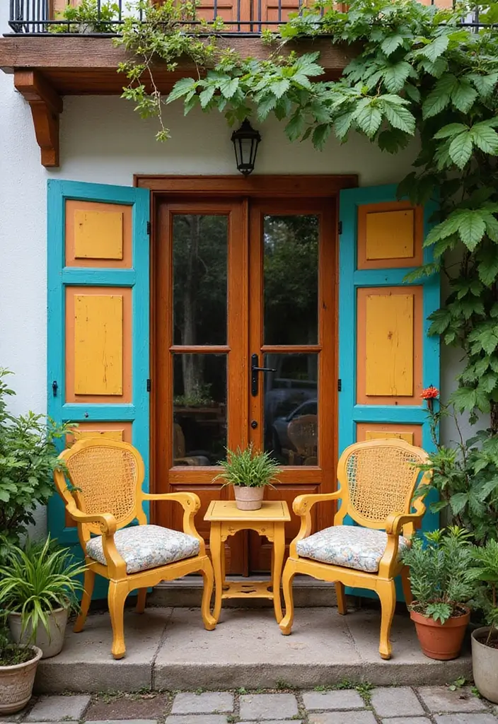 28 Balcony Divider Ideas That Add Privacy in Style - 19. Decorative Wooden Panels with Colorful Accents