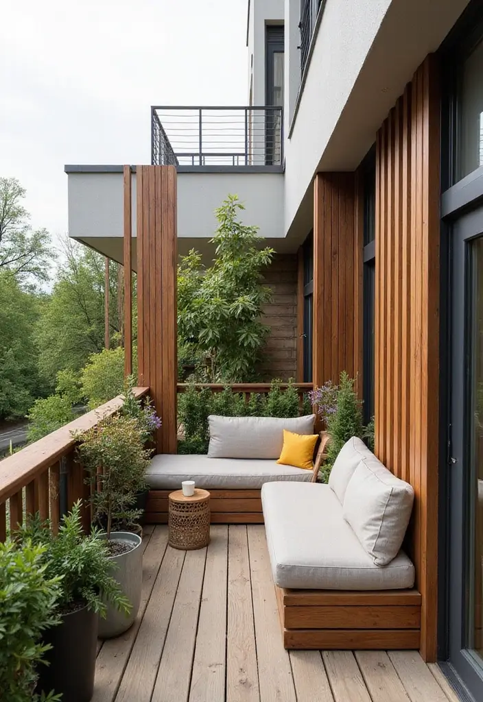 28 Balcony Divider Ideas That Add Privacy in Style - 24. Wooden Dividers with Integrated Seating