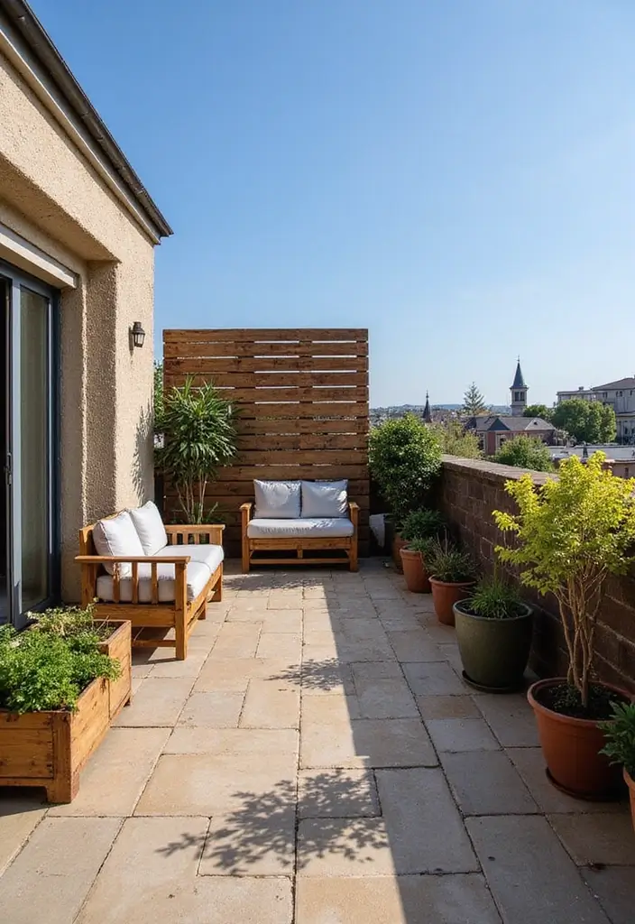 28 Balcony Divider Ideas That Add Privacy in Style - 3. Rustic Pallet Dividers for Budget-Friendly Charm