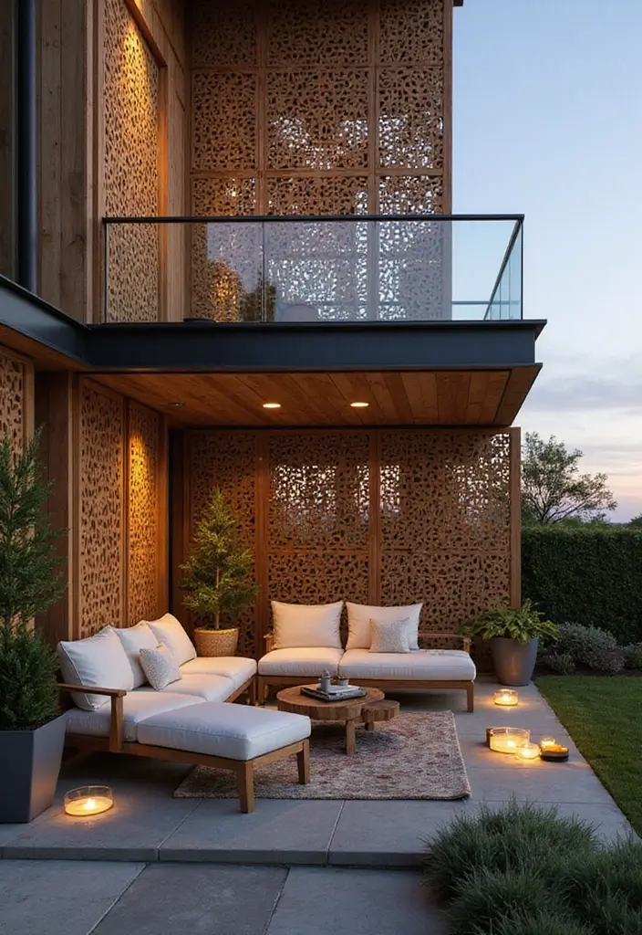 28 Balcony Divider Ideas That Add Privacy in Style - 4. Modern Geometric Wooden Screens