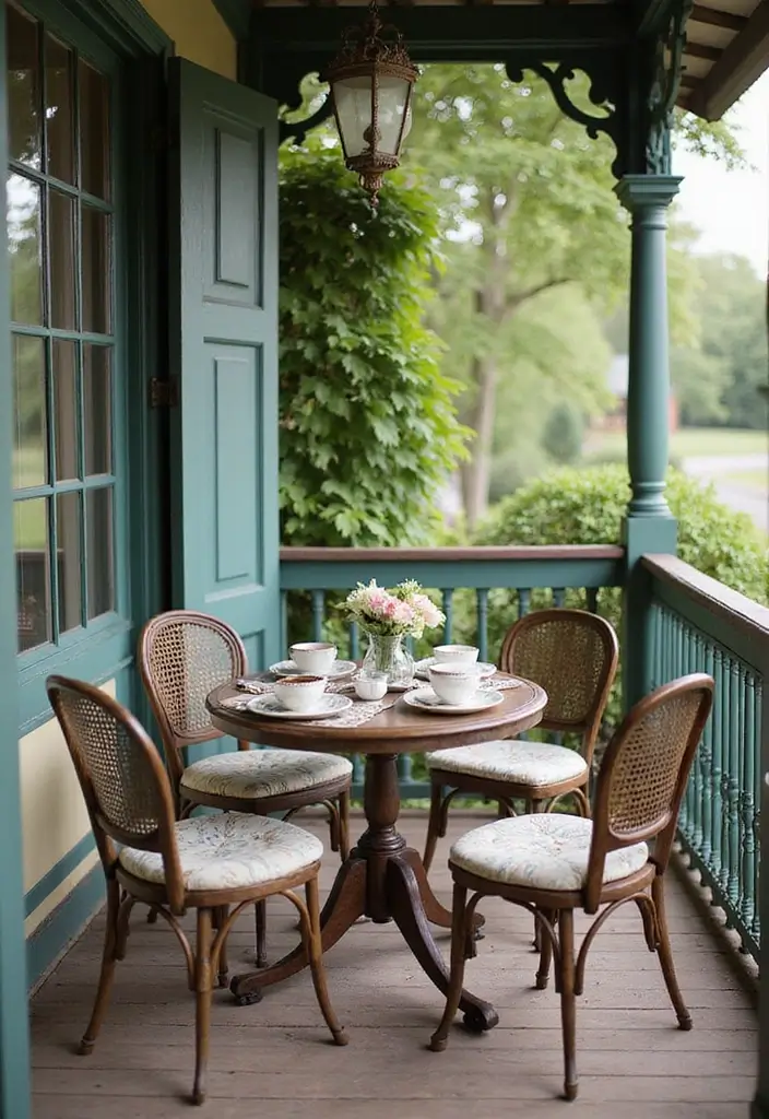 28 Balcony with Roof Ideas That Extend Outdoor Living - 22. Vintage Tea Room