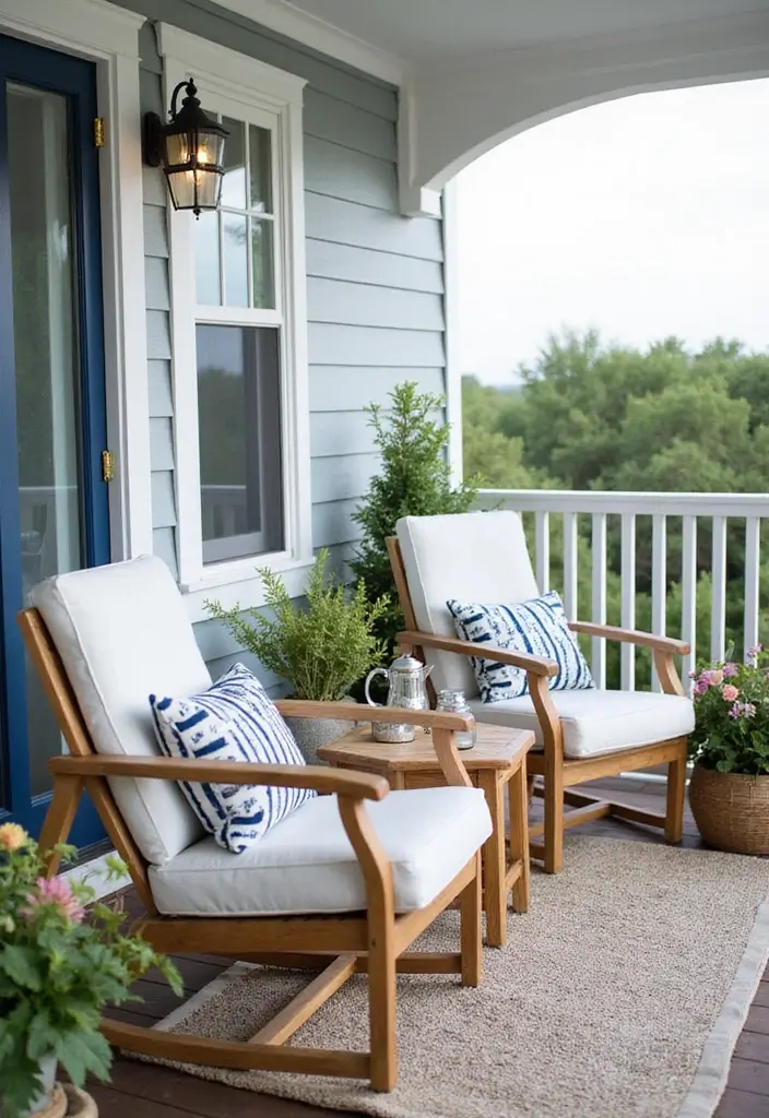 28 Coastal Balcony Ideas That Bring the Ocean Vibes Home - 1. Nautical Chic Seating