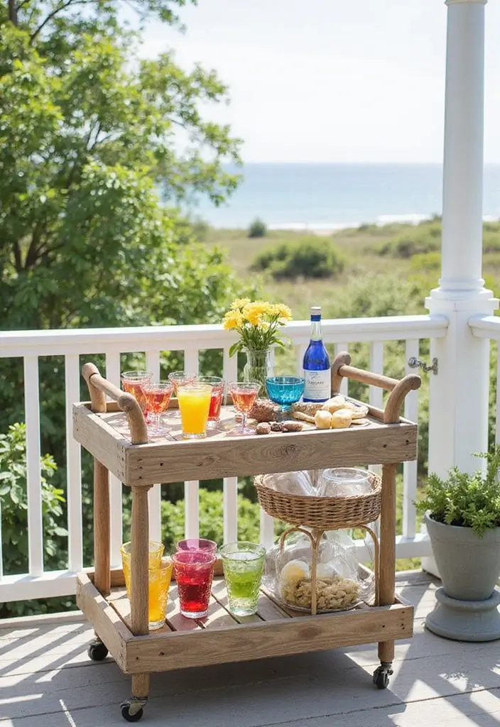 28 Coastal Balcony Ideas That Bring the Ocean Vibes Home - 13. Beachy Bar Cart