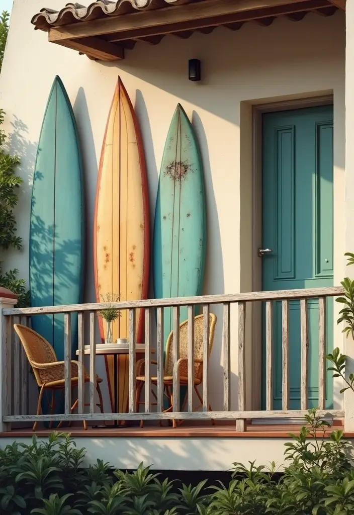 28 Coastal Balcony Ideas That Bring the Ocean Vibes Home - 15. Surfboard Decor