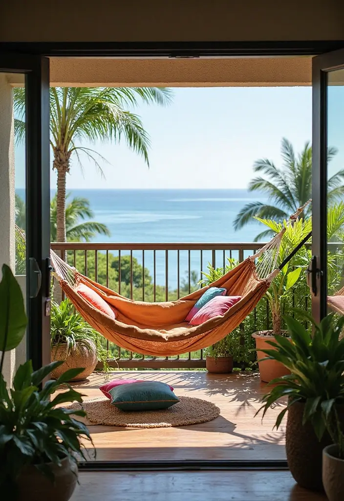 28 Coastal Balcony Ideas That Bring the Ocean Vibes Home - 19. Hammock Haven