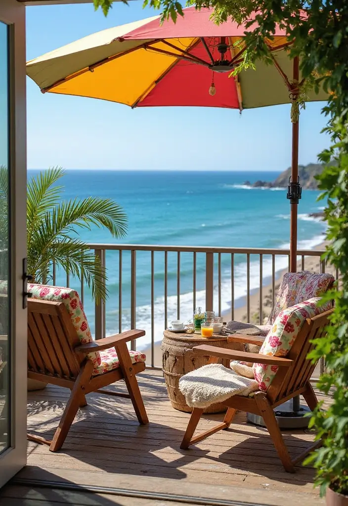 28 Coastal Balcony Ideas That Bring the Ocean Vibes Home - 21. Colorful Umbrella