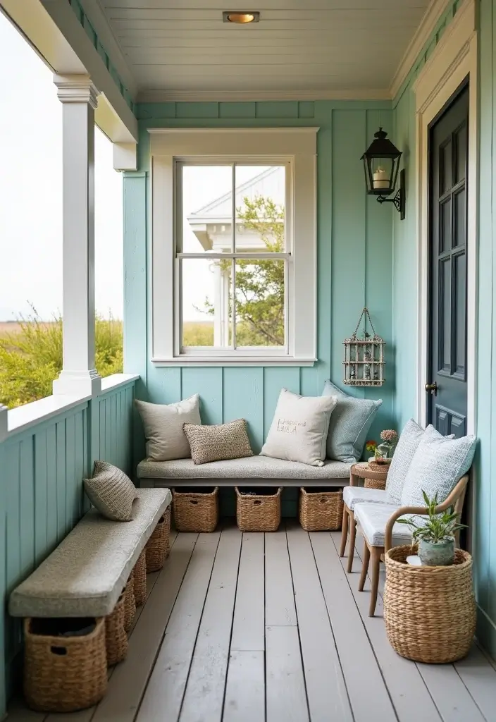28 Coastal Balcony Ideas That Bring the Ocean Vibes Home - 24. Chic Storage Solutions
