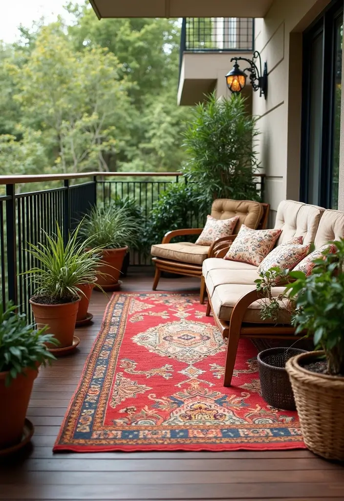 28 Old Balcony Makeover Ideas That Bring Back Life and Charm 7 28 Old Balcony Makeover Ideas That Bring Back Life and Charm - 7. Outdoor Rug for Comfort