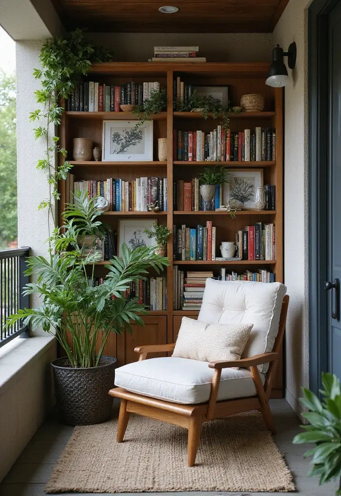28 Room with Balcony Designs That Make Spaces Feel Bigger - 12. Outdoor Reading Corner with Bookshelves